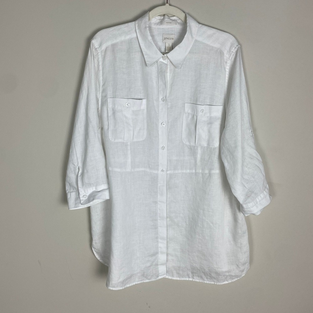 Chicos Linen Button Down Shirt No-Iron Womens XL 3/4 Sleeve Minimalist Coastal